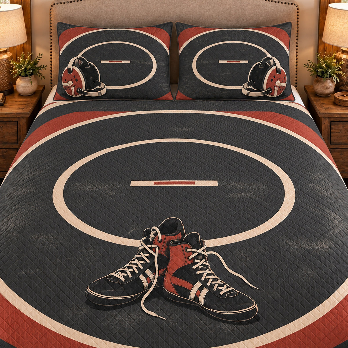 Frontal close-up view AI mockup of the Wrestling Mat Circles scholastic wrestling quilt set with two coordinating printed pillow shams.