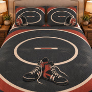 Frontal close-up view AI mockup of the Wrestling Mat Circles scholastic wrestling quilt set with two coordinating printed pillow shams.