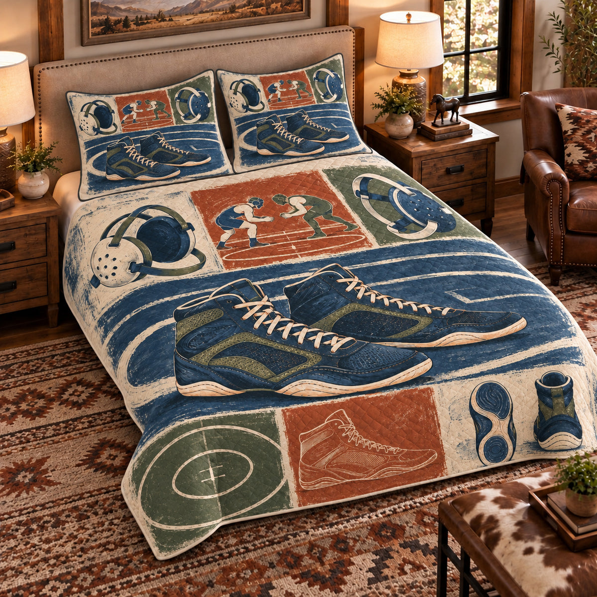 Elevated left-angle view AI mockup of the Wrestling Shoe Studies scholastic wrestling quilt set with two coordinating printed pillow shams.