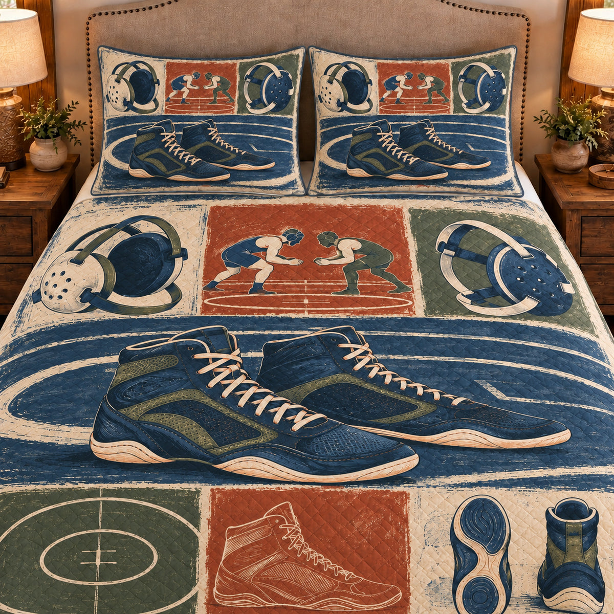 Frontal close-up view AI mockup of the Wrestling Shoe Studies scholastic wrestling quilt set with two coordinating printed pillow shams.