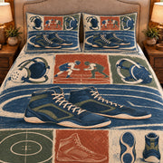 Frontal close-up view AI mockup of the Wrestling Shoe Studies scholastic wrestling quilt set with two coordinating printed pillow shams.