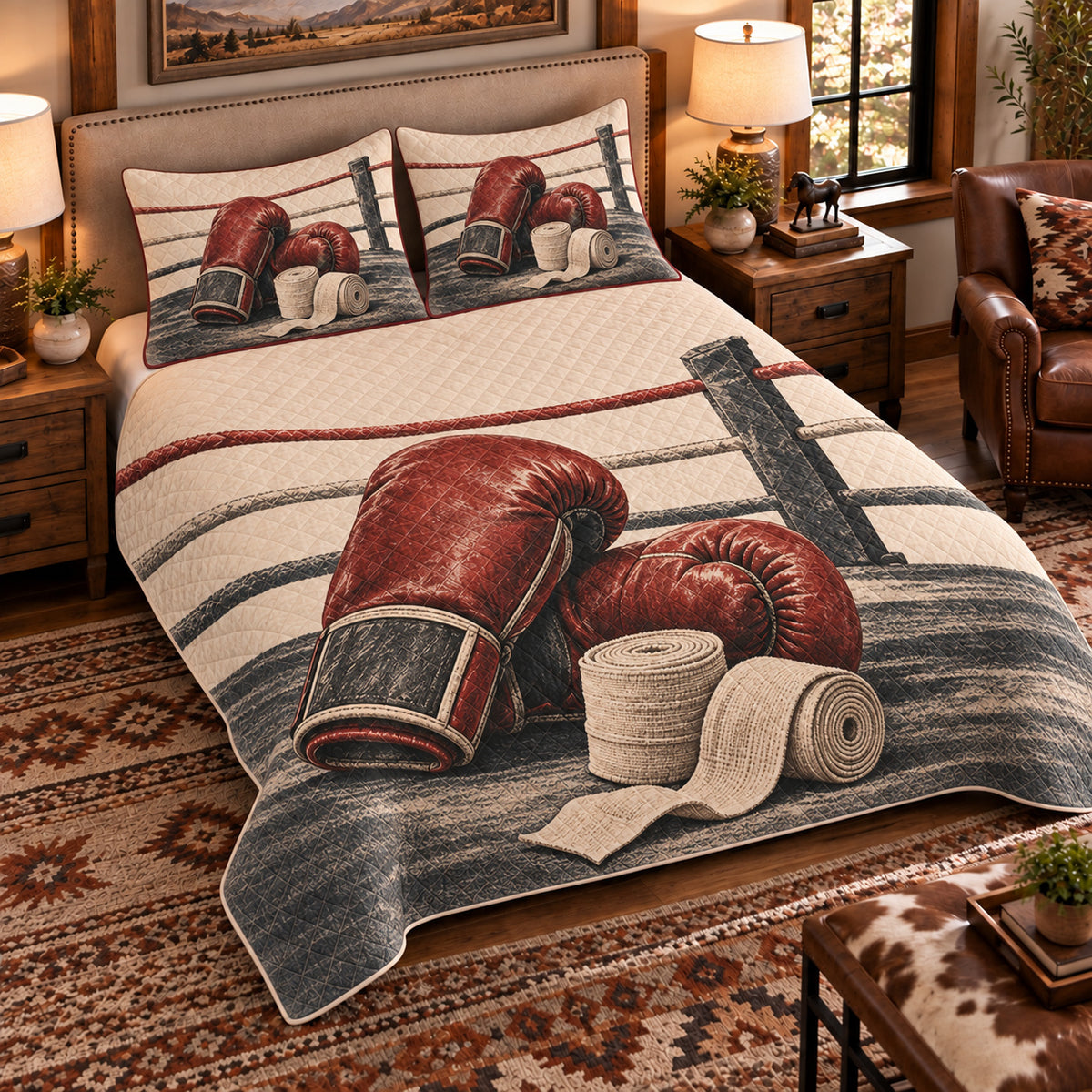 Elevated left-angle view AI mockup of the Boxing Gloves Still Life boxing quilt set with two coordinating printed pillow shams.
