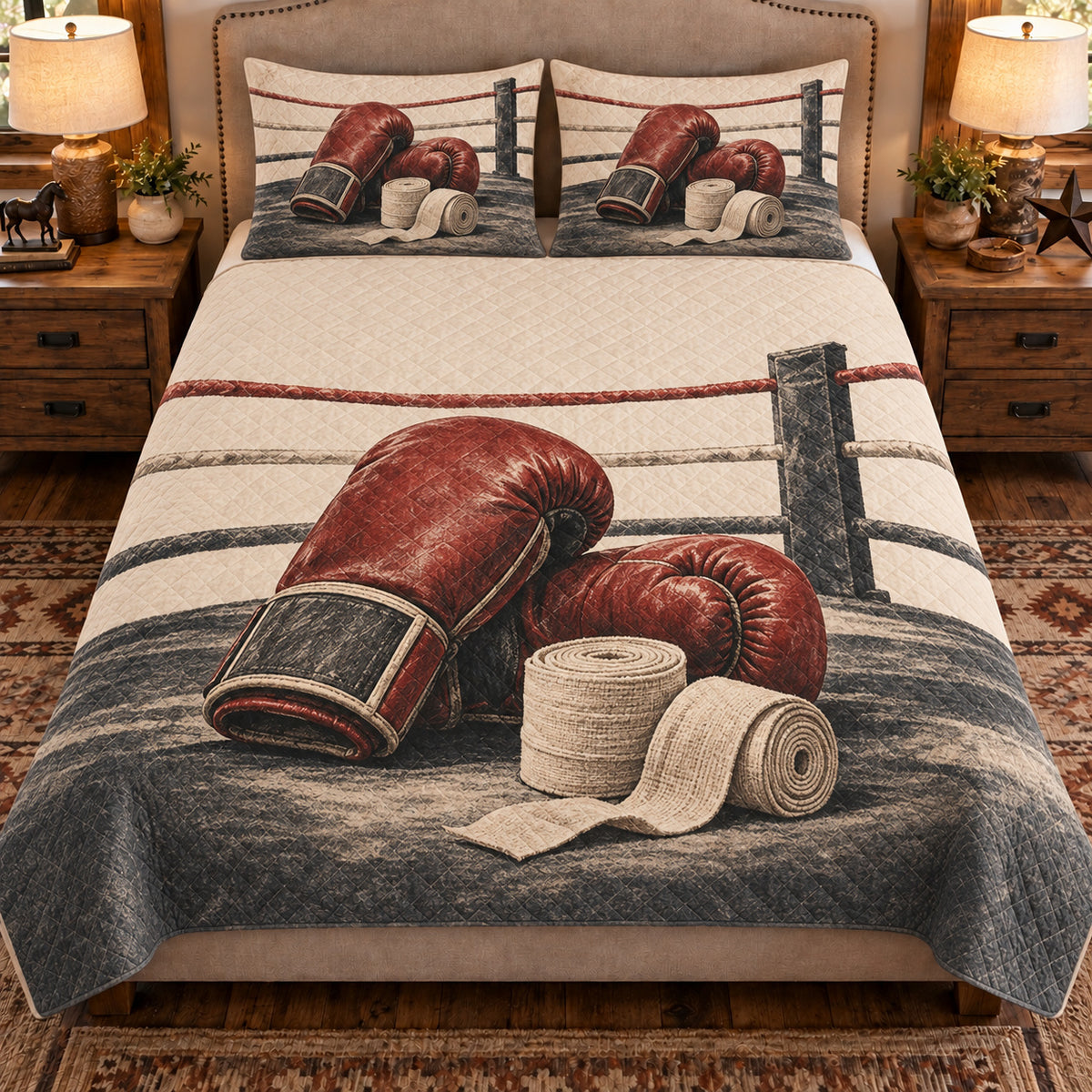 Front view AI mockup of the Boxing Gloves Still Life boxing quilt set with two coordinating printed pillow shams.