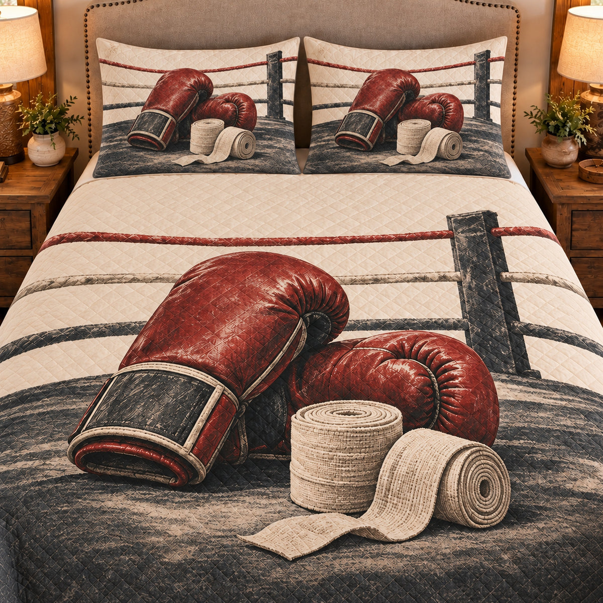 Frontal close-up view AI mockup of the Boxing Gloves Still Life boxing quilt set with two coordinating printed pillow shams.