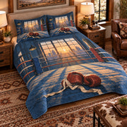 Elevated left-angle view AI mockup of the Boxing Ring Dawn boxing quilt set with two coordinating printed pillow shams.