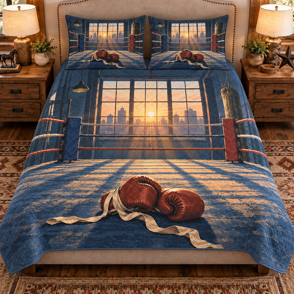 Front view AI mockup of the Boxing Ring Dawn boxing quilt set with two coordinating printed pillow shams.