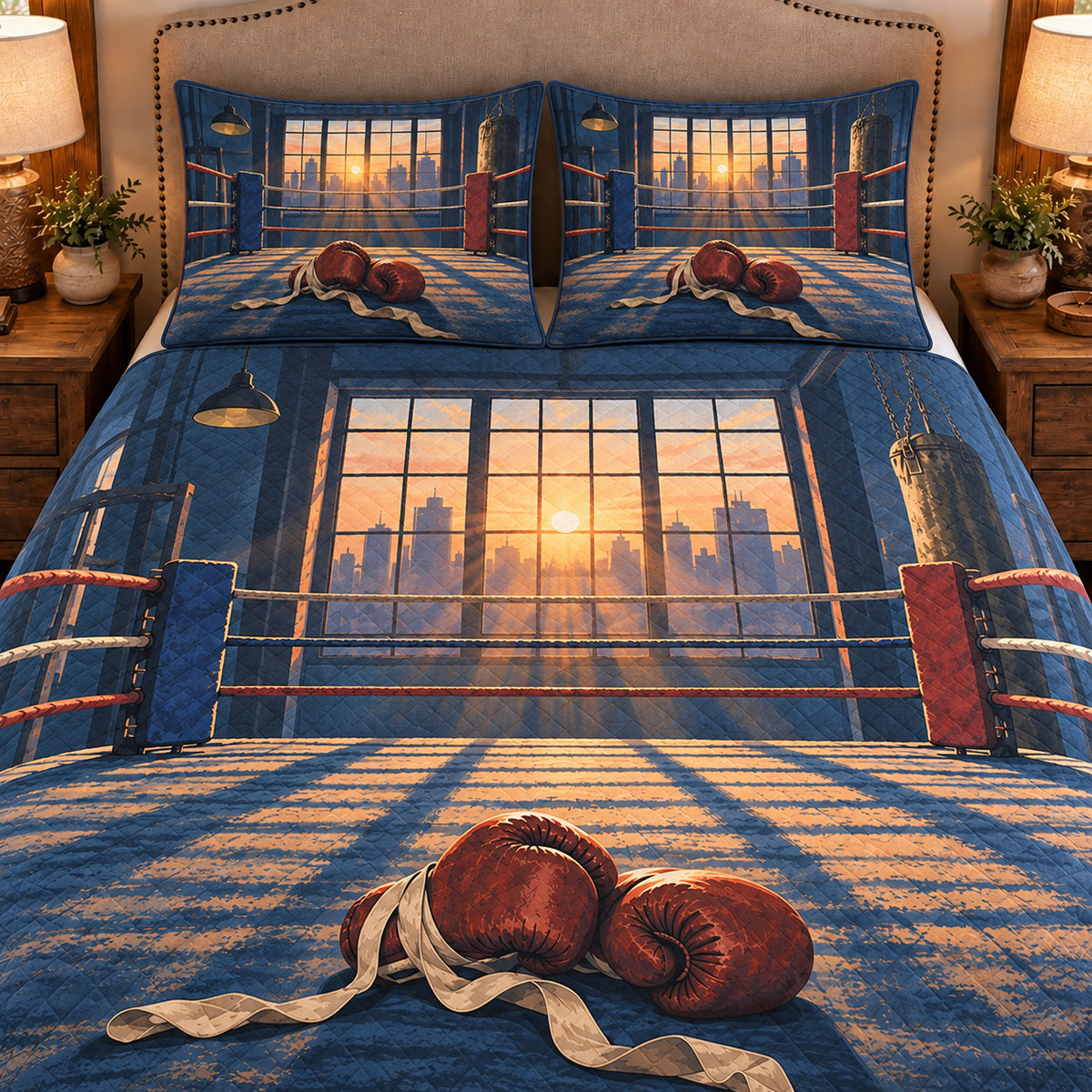 Frontal close-up view AI mockup of the Boxing Ring Dawn boxing quilt set with two coordinating printed pillow shams.