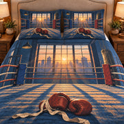 Frontal close-up view AI mockup of the Boxing Ring Dawn boxing quilt set with two coordinating printed pillow shams.