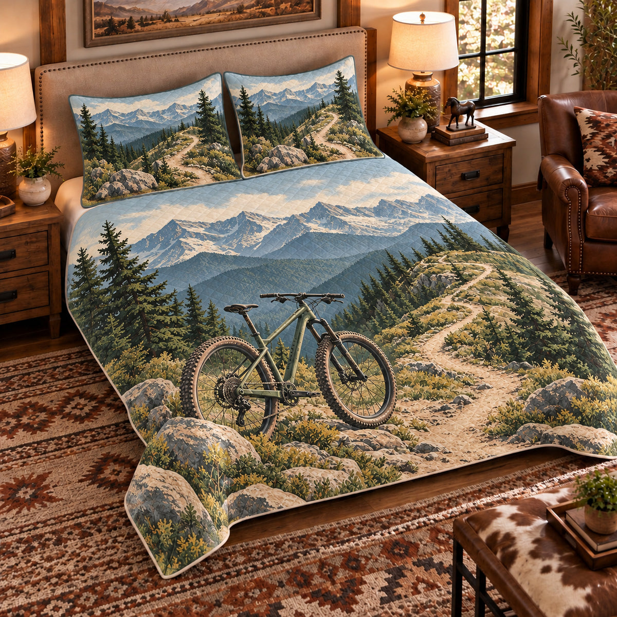 Elevated left-angle view AI mockup of the Trail Bike Ridge mountain biking quilt set with two coordinating printed pillow shams.