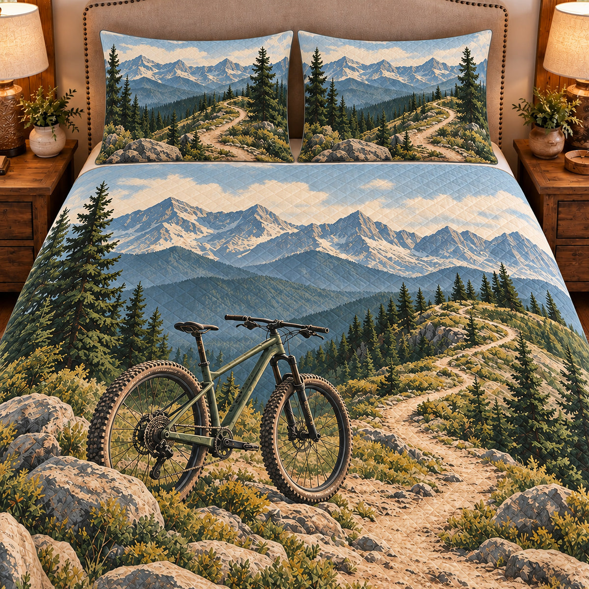 Frontal close-up view AI mockup of the Trail Bike Ridge mountain biking quilt set with two coordinating printed pillow shams.