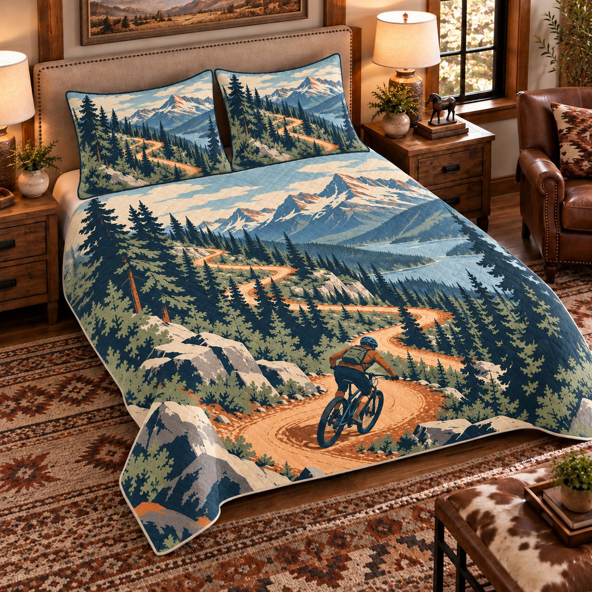 Elevated left-angle view AI mockup of the Mountain Bike Switchbacks mountain biking quilt set with two coordinating printed pillow shams.