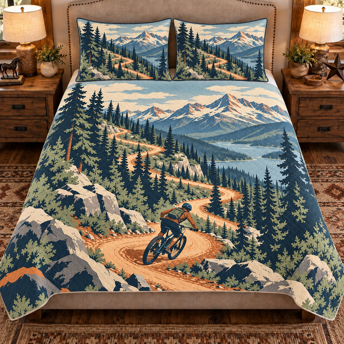 Front view AI mockup of the Mountain Bike Switchbacks mountain biking quilt set with two coordinating printed pillow shams.
