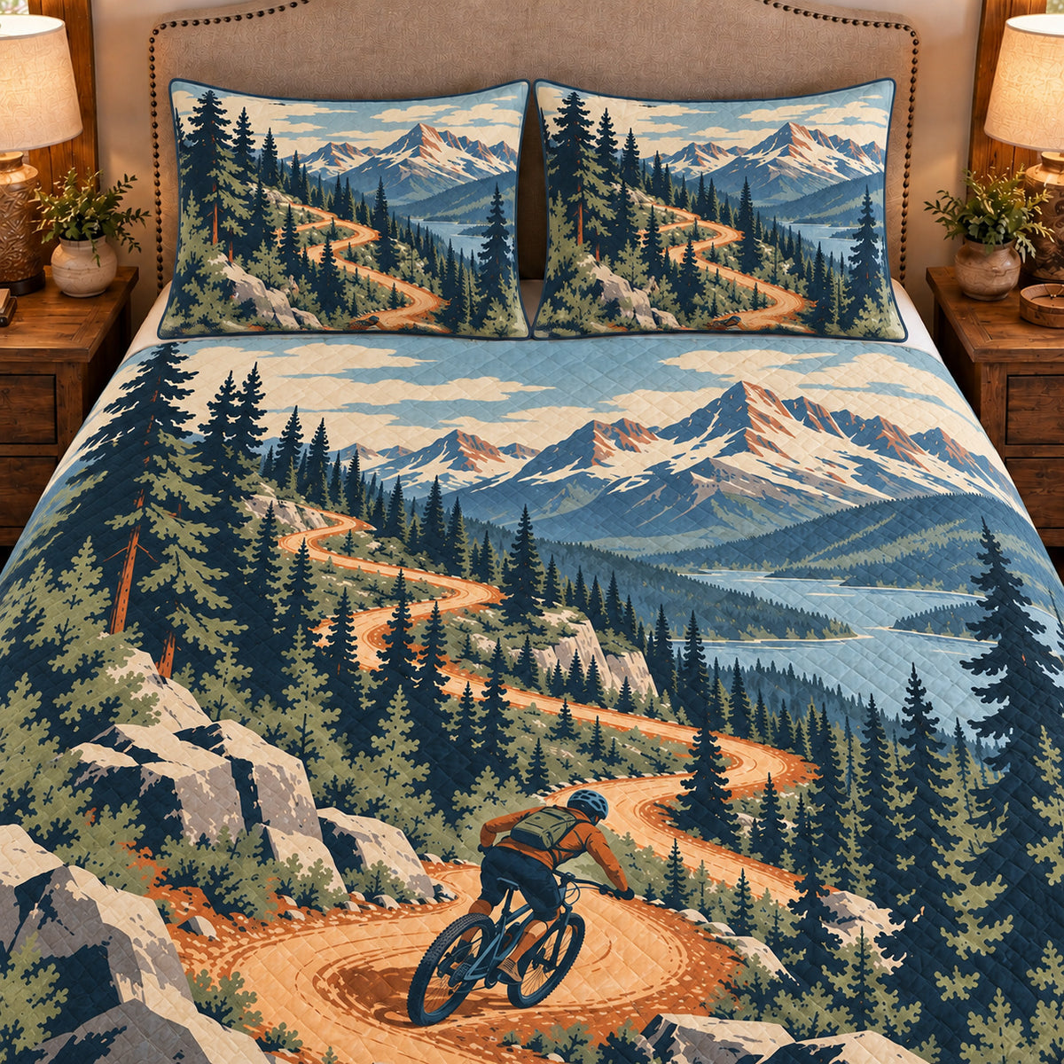 Frontal close-up view AI mockup of the Mountain Bike Switchbacks mountain biking quilt set with two coordinating printed pillow shams.
