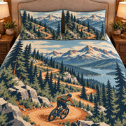 Frontal close-up view AI mockup of the Mountain Bike Switchbacks mountain biking quilt set with two coordinating printed pillow shams.
