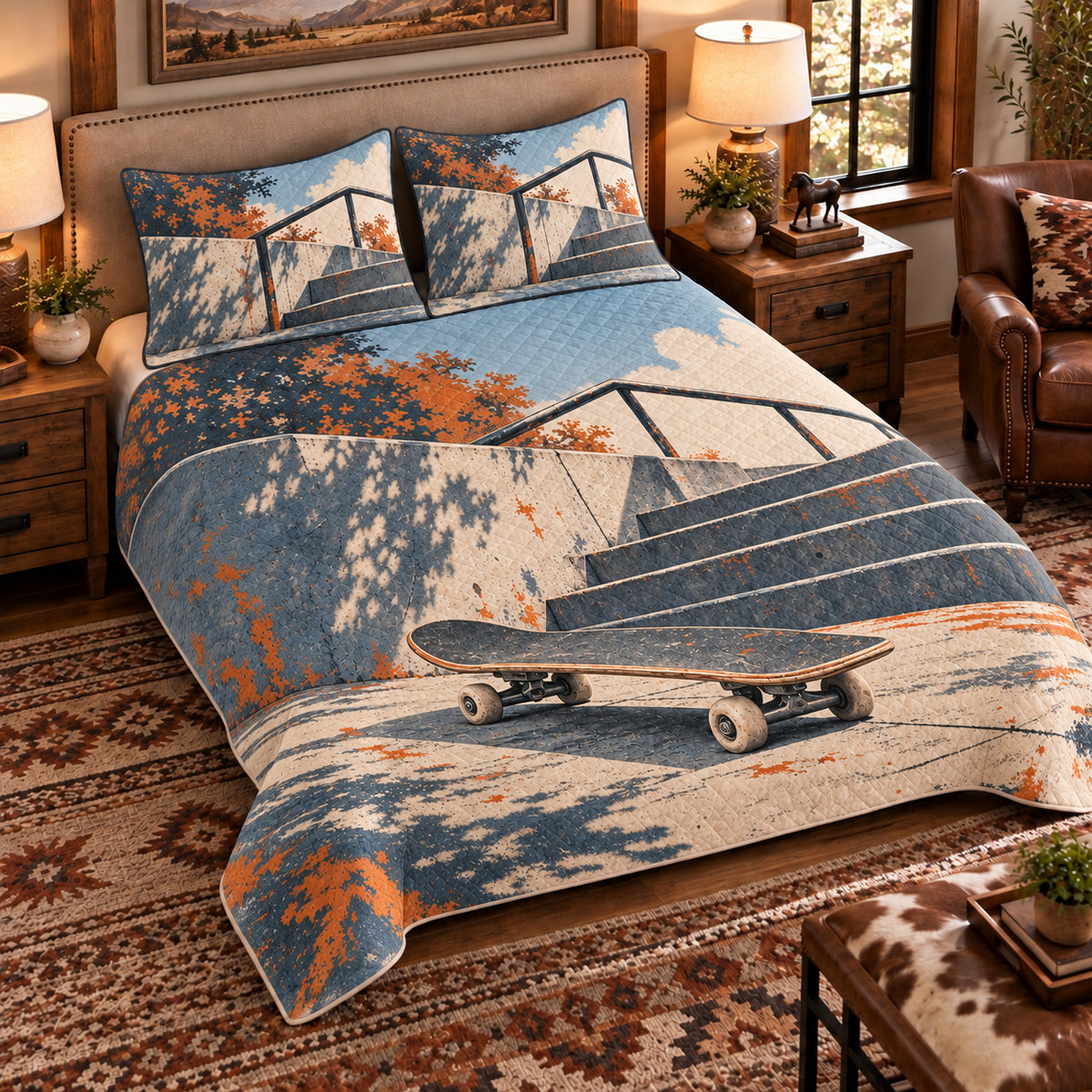 Elevated left-angle view AI mockup of the Skateboard Stair Study street skateboarding quilt set with two coordinating printed pillow shams.