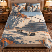 Front view AI mockup of the Skateboard Stair Study street skateboarding quilt set with two coordinating printed pillow shams.