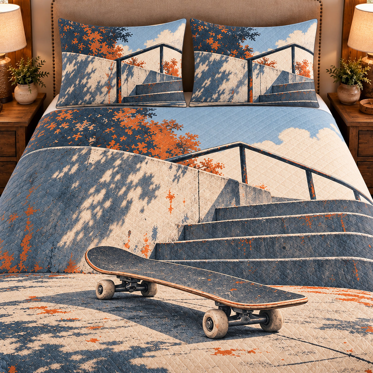 Frontal close-up view AI mockup of the Skateboard Stair Study street skateboarding quilt set with two coordinating printed pillow shams.