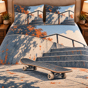 Frontal close-up view AI mockup of the Skateboard Stair Study street skateboarding quilt set with two coordinating printed pillow shams.