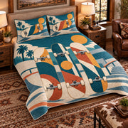 Elevated left-angle view AI mockup of the Skateboard Deck Gallery street skateboarding quilt set with two coordinating printed pillow shams.