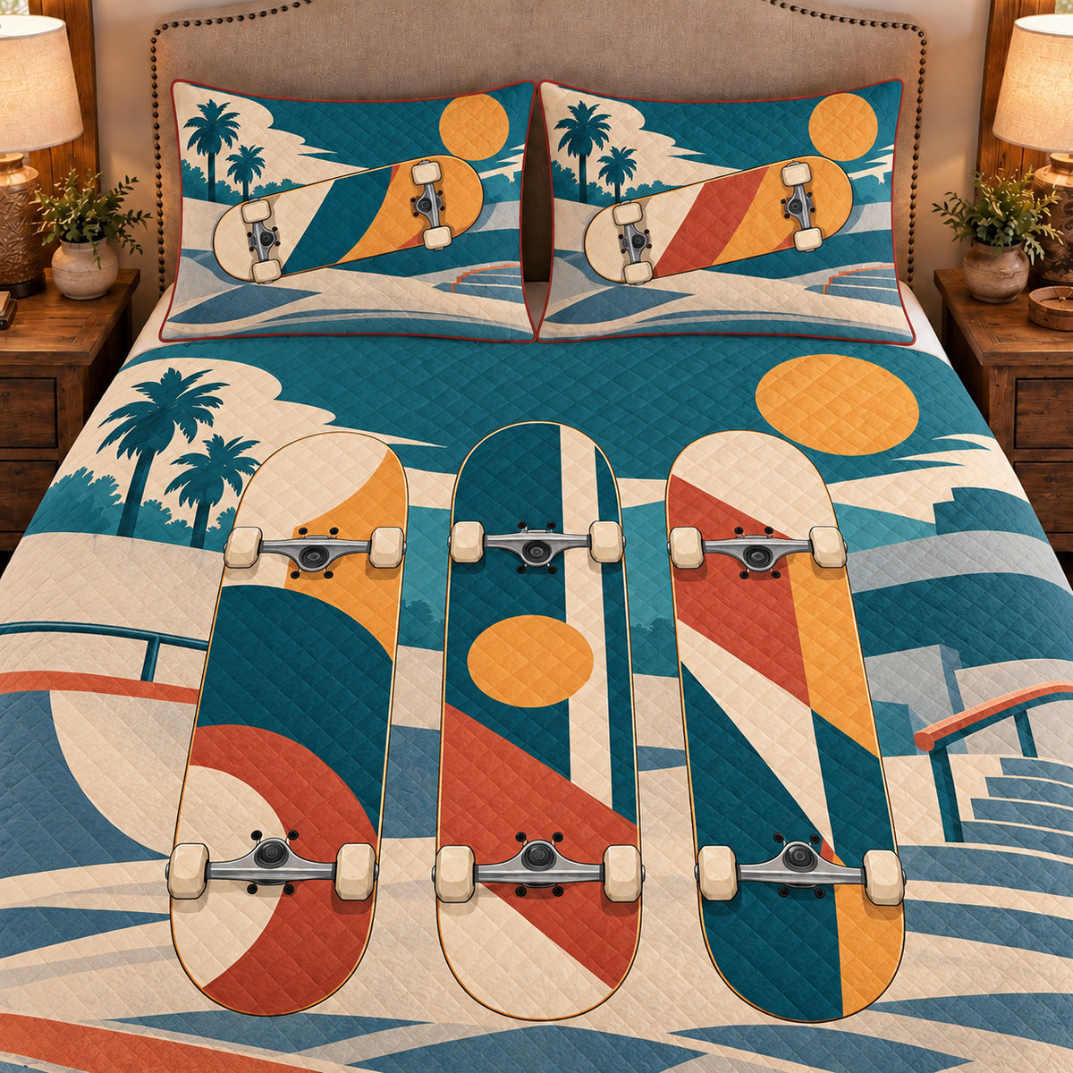 Frontal close-up view AI mockup of the Skateboard Deck Gallery street skateboarding quilt set with two coordinating printed pillow shams.