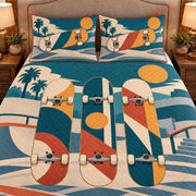 Frontal close-up view AI mockup of the Skateboard Deck Gallery street skateboarding quilt set with two coordinating printed pillow shams.