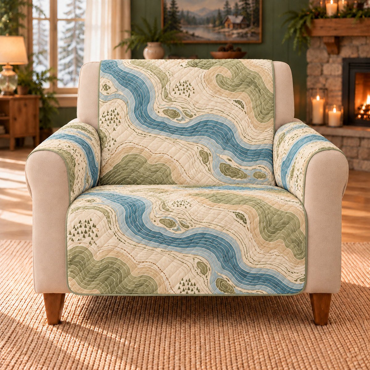 Topographic Stream Repeat sofa cover on a beige armchair
