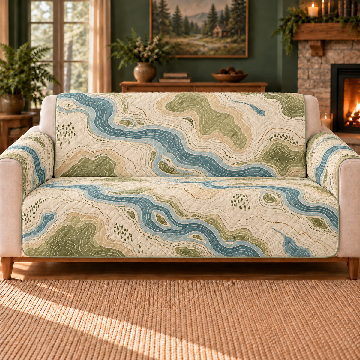 Topographic Stream Repeat sofa cover on a beige sofa