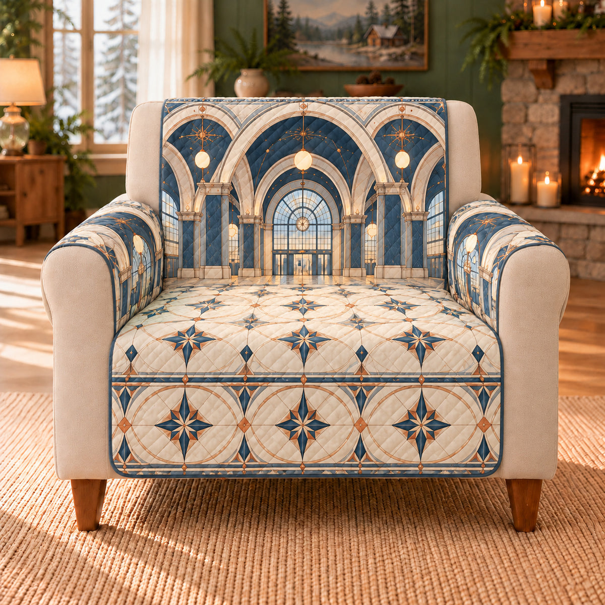 Transit Hall Arcade sofa cover on a beige armchair