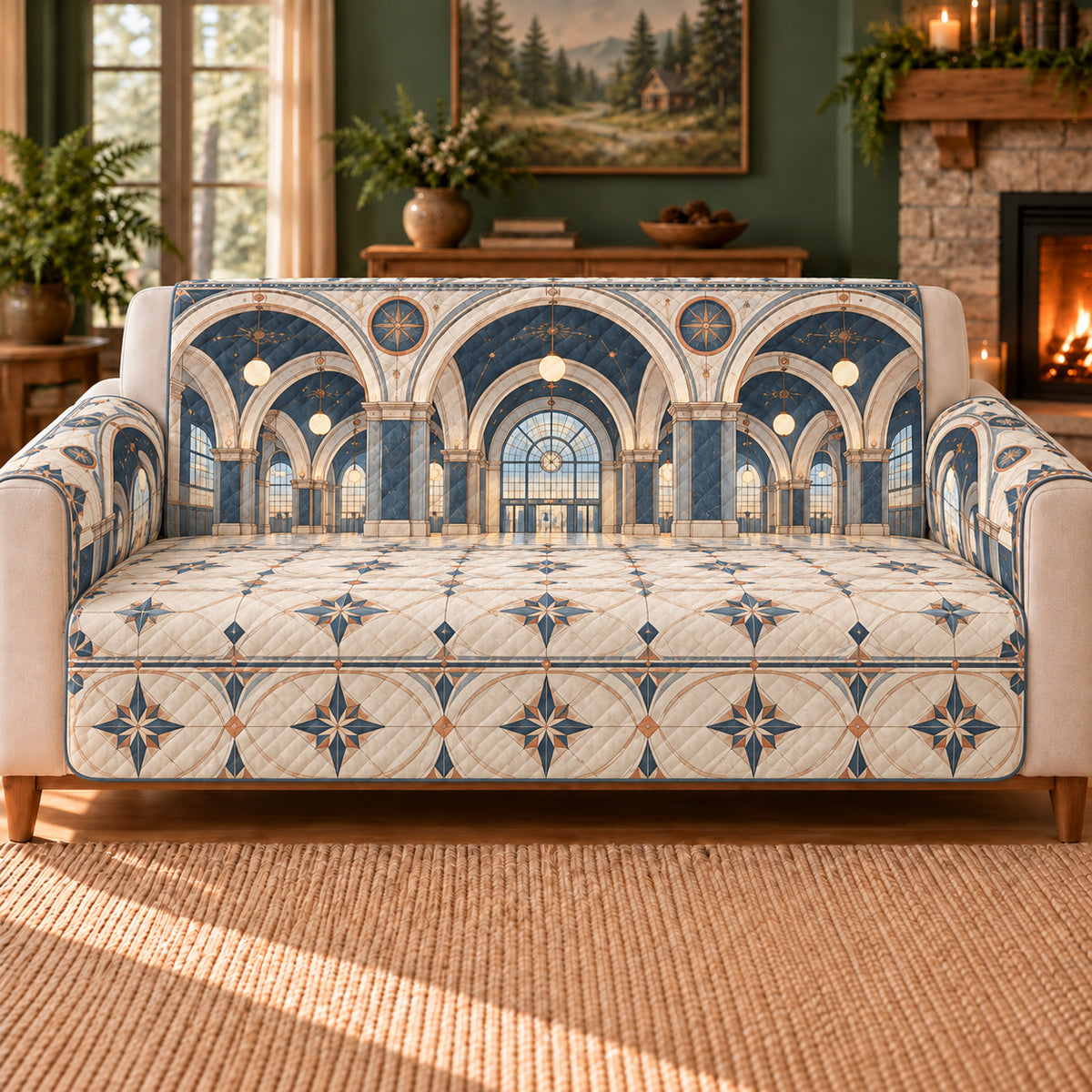 Transit Hall Arcade sofa cover on a beige sofa