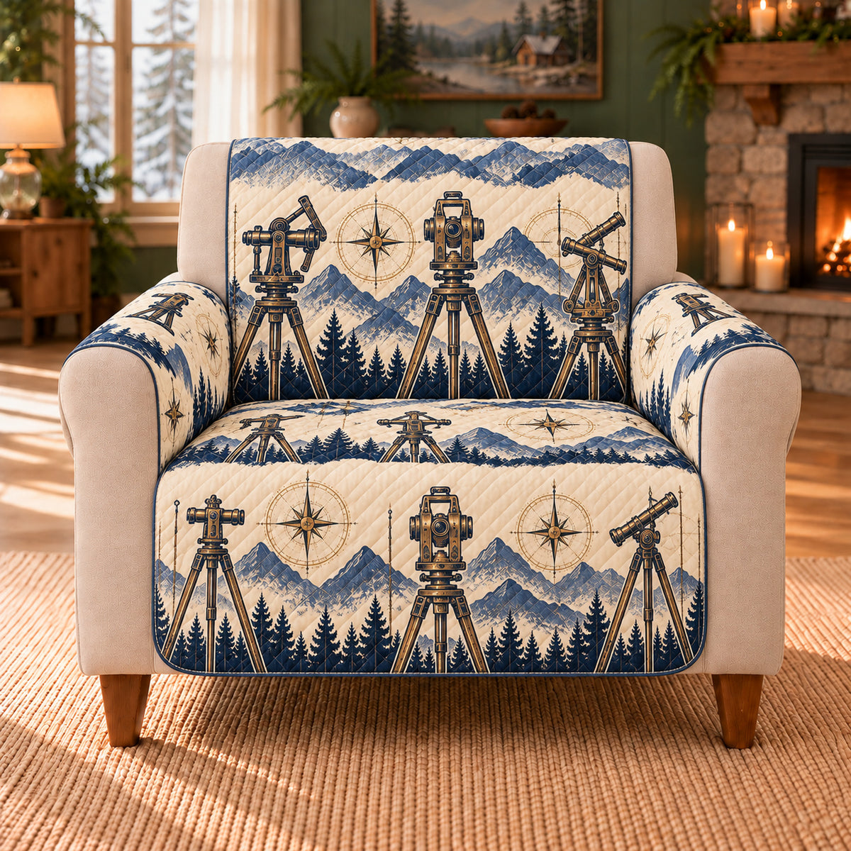 Transit Instrument Geometry sofa cover on a beige armchair