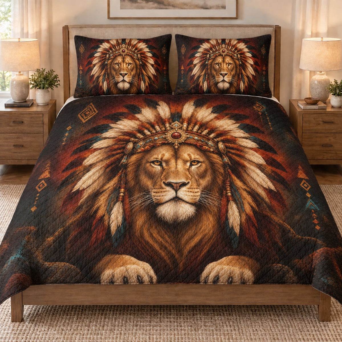Tribal Lion Feather Headdress quilt set displayed on a bed with coordinating pillow shams