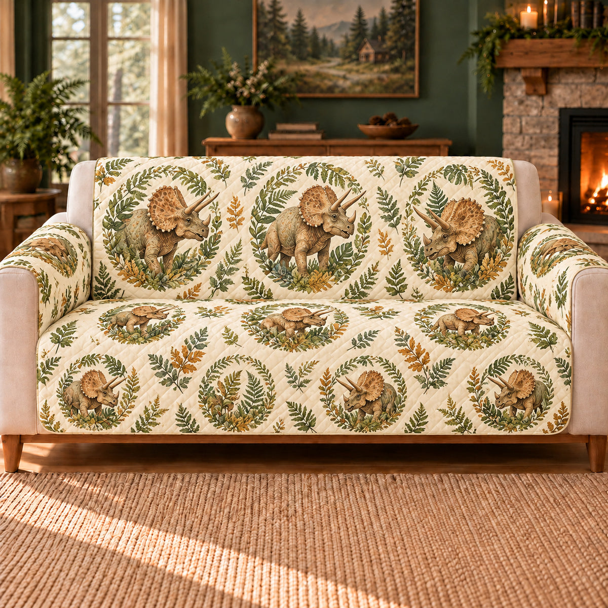 Triceratops Leaf Ovals Sofa Cover, Prehistoric Decor, Gift for Dinosaur Lovers