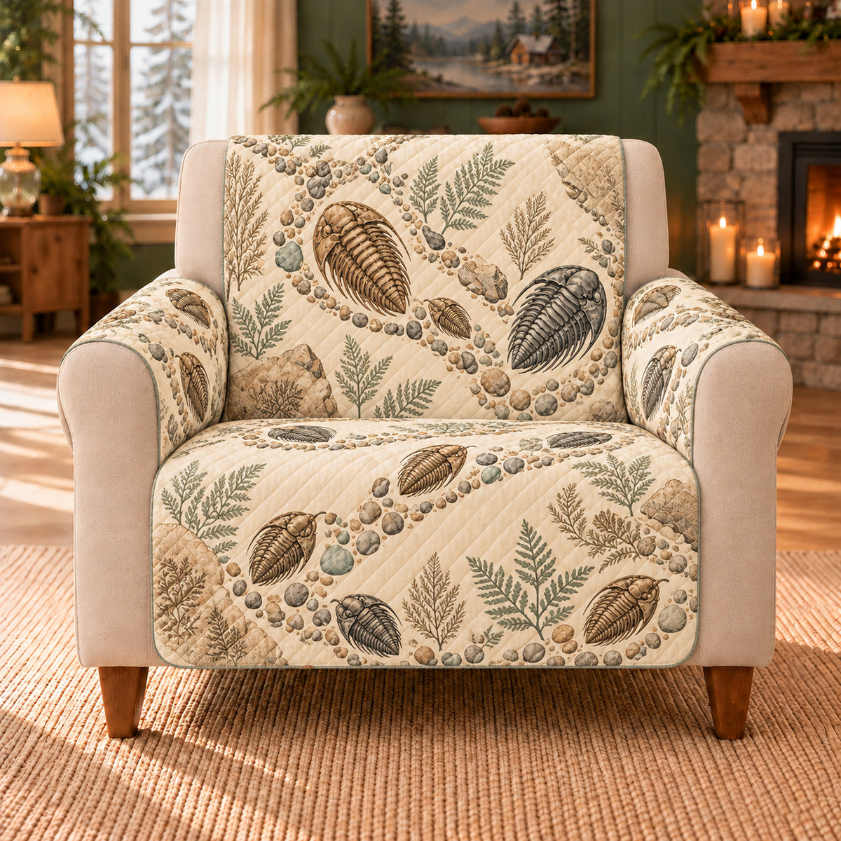 Trilobite Pebble Trail sofa cover on a beige armchair