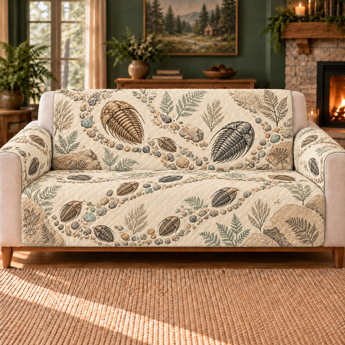Trilobite Pebble Trail sofa cover on a beige sofa