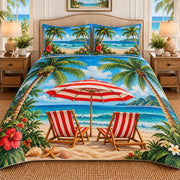 Tropical beach chairs and umbrella quilt set, view 1, AI-generated product mockup