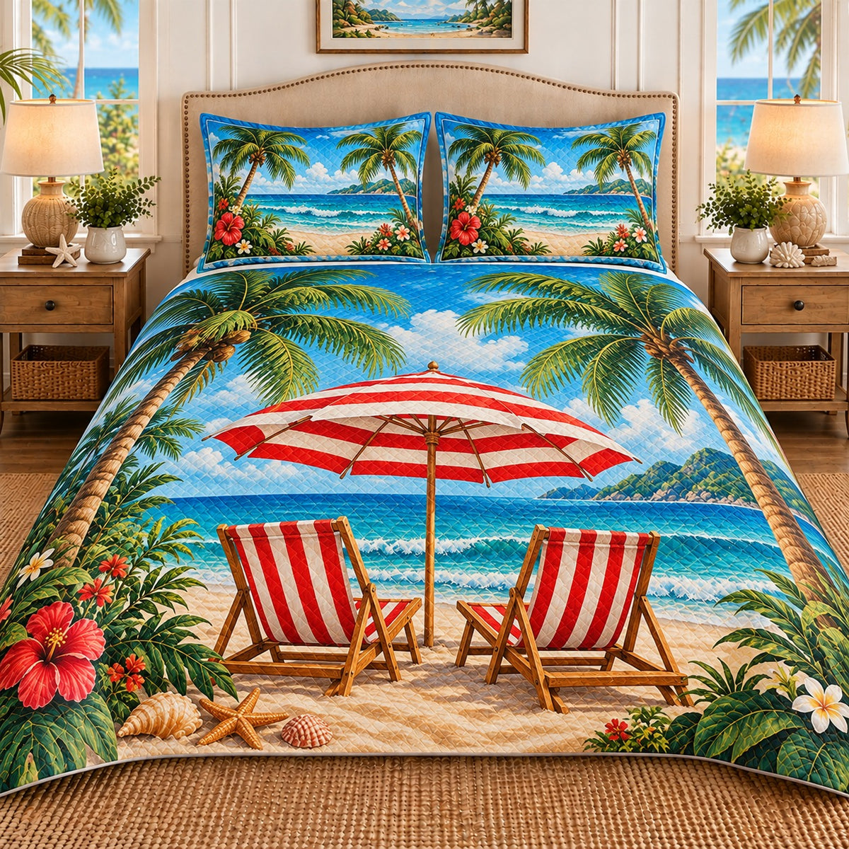Tropical beach chairs and umbrella quilt set, view 1, AI-generated product mockup