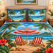 Tropical beach chairs and umbrella quilt set, view 2, AI-generated product mockup