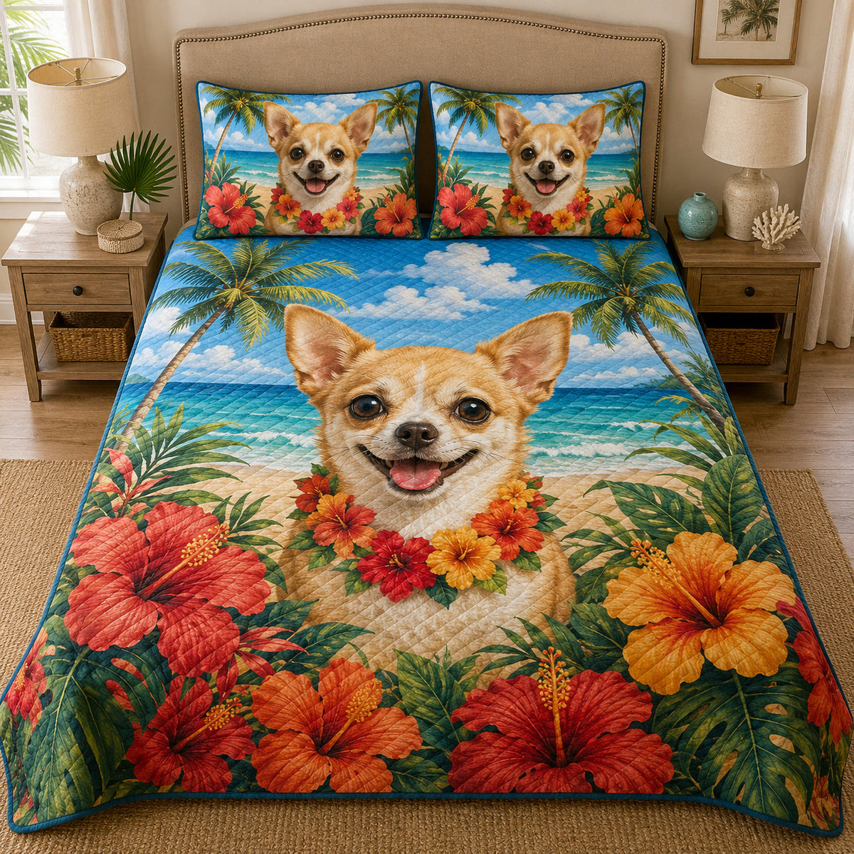Tropical Chihuahua Hibiscus Beach quilt design with coordinating pillow shams