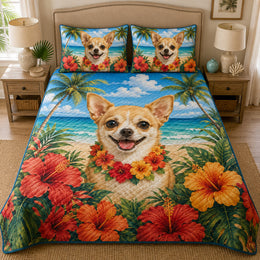 Tropical Chihuahua Hibiscus Beach Quilt Set