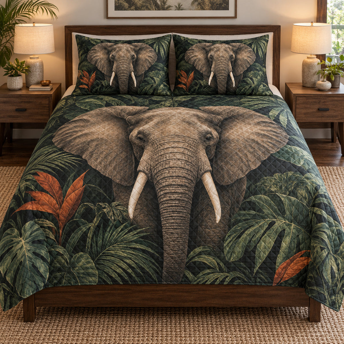 Tropical Elephant Jungle Nature quilt set displayed on a bed with coordinating pillow shams