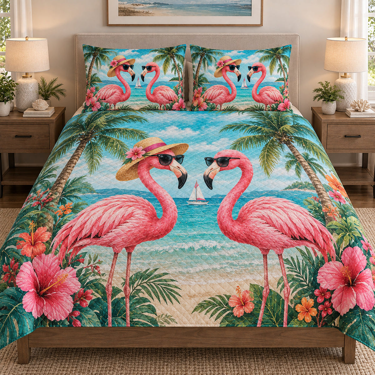 Tropical Flamingo Beach Love quilt set displayed on a bed with coordinating pillow shams