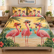 Tropical Flamingo Beach Party quilt set displayed on a bed with coordinating pillow shams