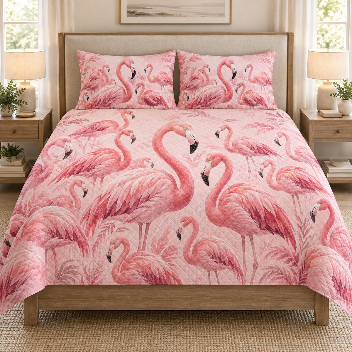 Pink Flamingo Tropical Garden quilt set displayed on a bed with coordinating pillow shams