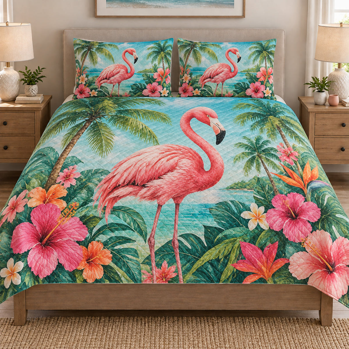Tropical Flamingo Hibiscus Beach quilt set displayed on a bed with coordinating pillow shams