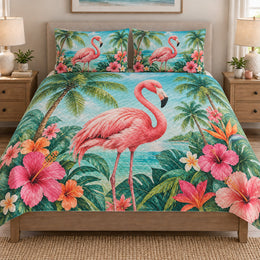 Tropical Flamingo Hibiscus Beach Quilt Set