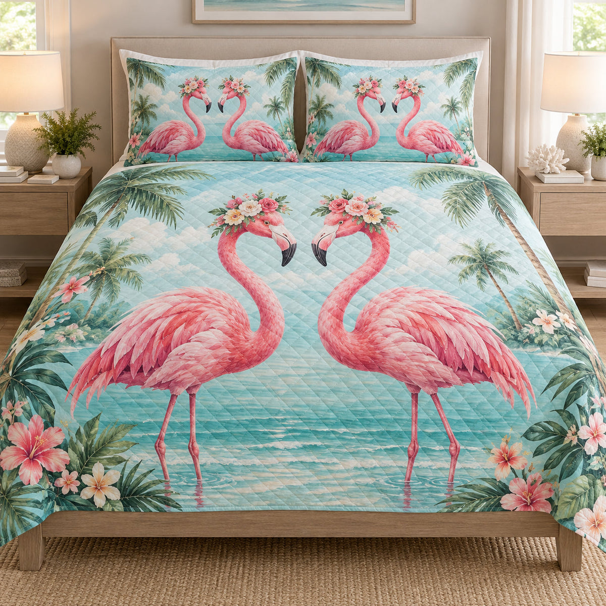 Romantic Flamingo Tropical Love quilt set displayed on a bed with coordinating pillow shams