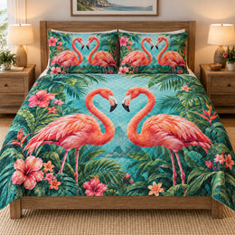 Tropical Flamingo Love Floral Quilt Set