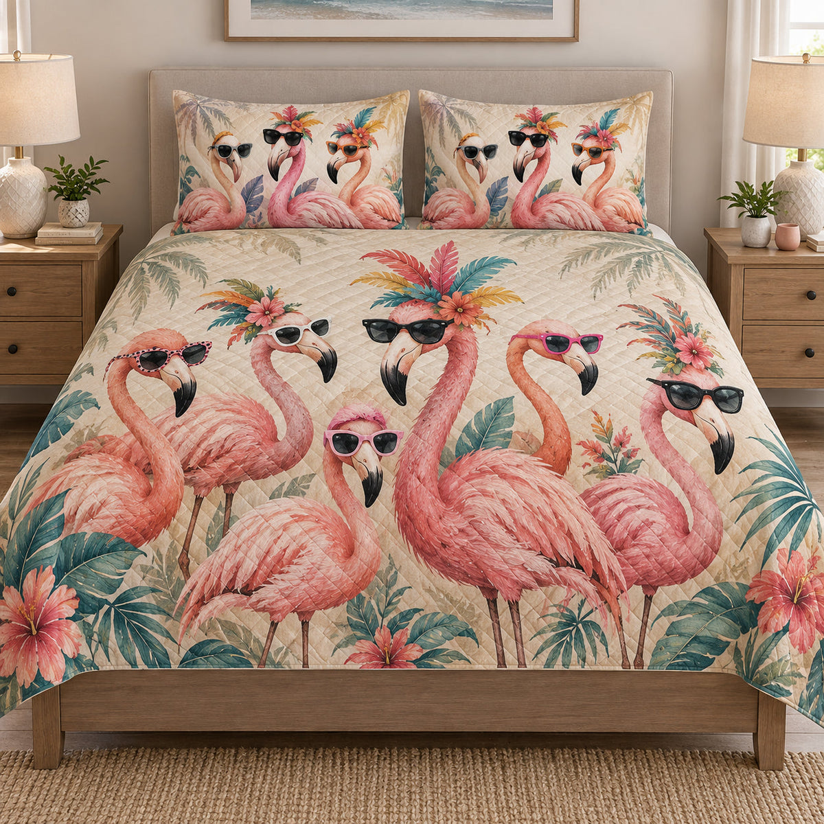 Tropical Flamingo Sunglasses quilt set displayed on a bed with coordinating pillow shams