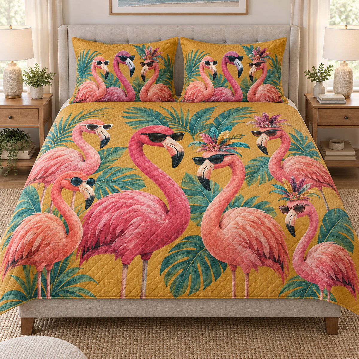 Tropical Flamingo Sunglasses Summer quilt set displayed on a bed with coordinating pillow shams