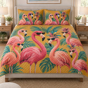 Tropical Flamingo Sunglasses Summer quilt set displayed on a bed with coordinating pillow shams